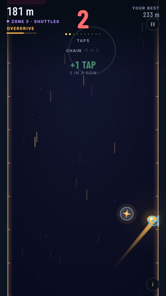 Real capture: a CLASSIC run in zone 3, the ball and its golden trail between two pink obstacles